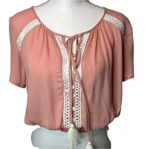 New!Lulus Peasant Short Sleeve Cinched Waist Pink/White Bohemian Top Sz S